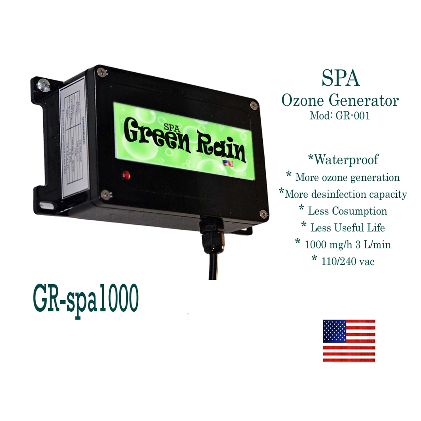 Plunge Cold SPA Hot Tub Ozone Generator Purifier Spa 110/220 SPA GreenRain 1000 Made in USA.