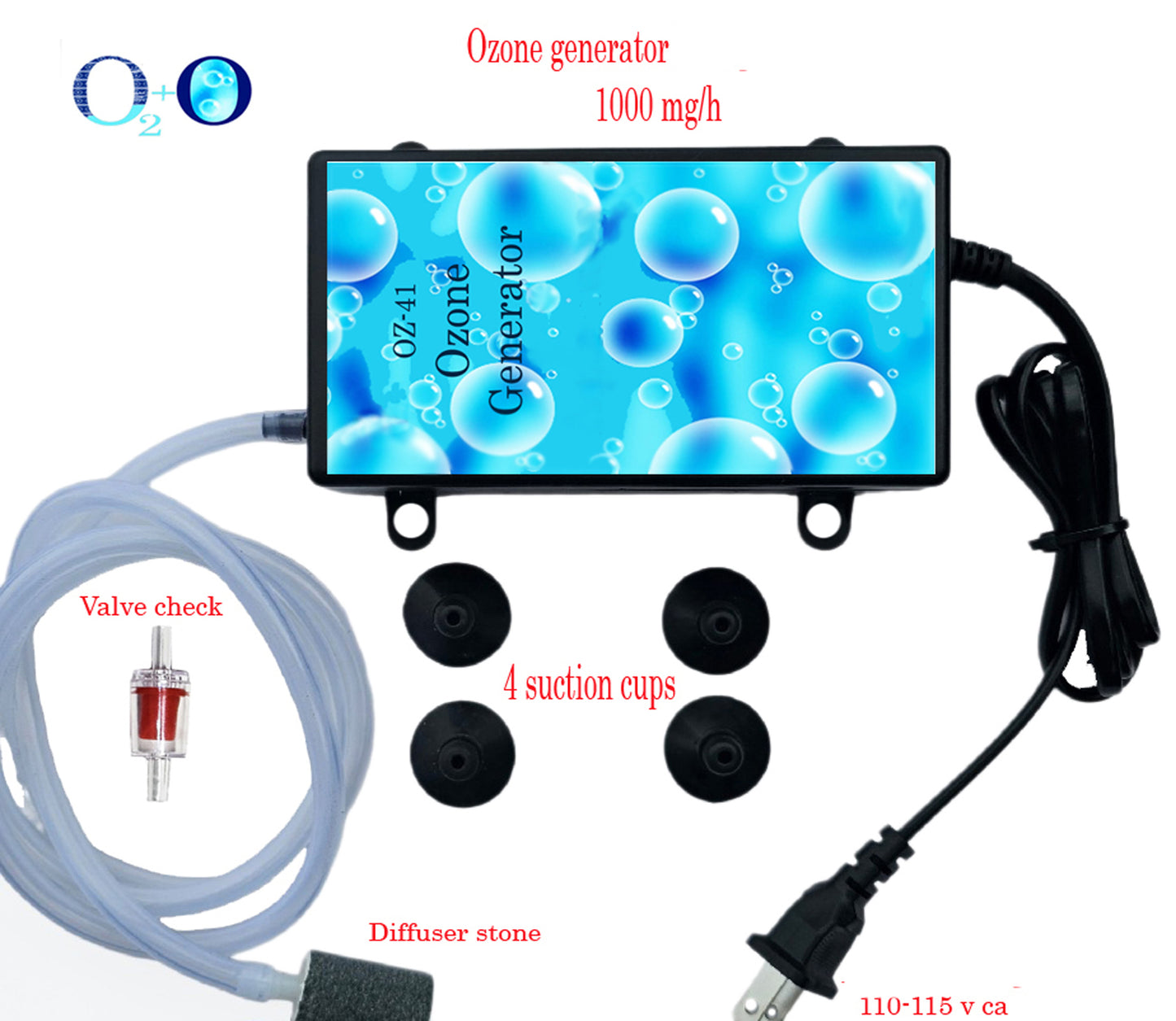 1000 mg/h Ozone Generator for Aquariums with 4 Suction Cups 1'' Water Purifier.