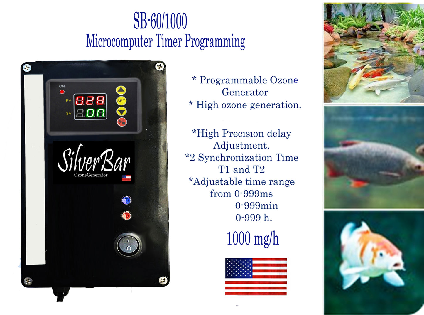 Aquarium Ozone Generator, Fish Ponds,1000 mg/h, Ideal for Fish Tank, Algae Control and Improving Water Quality